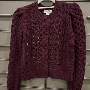 New CAROLINE CONSTAS Long Sleeve Cardigan Jewel Top in Plum Burgundy
